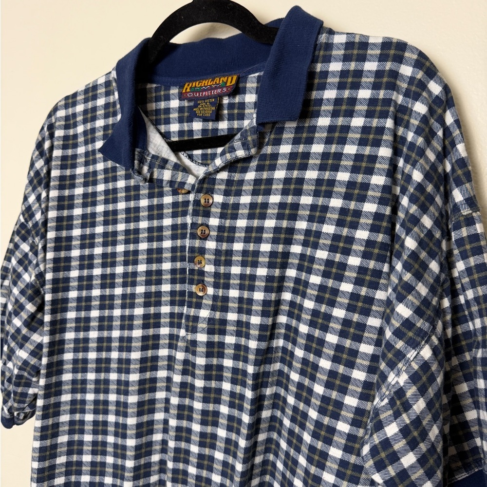 vintage short sleeve polo henley blue checkered plaid size XL 100% cotton